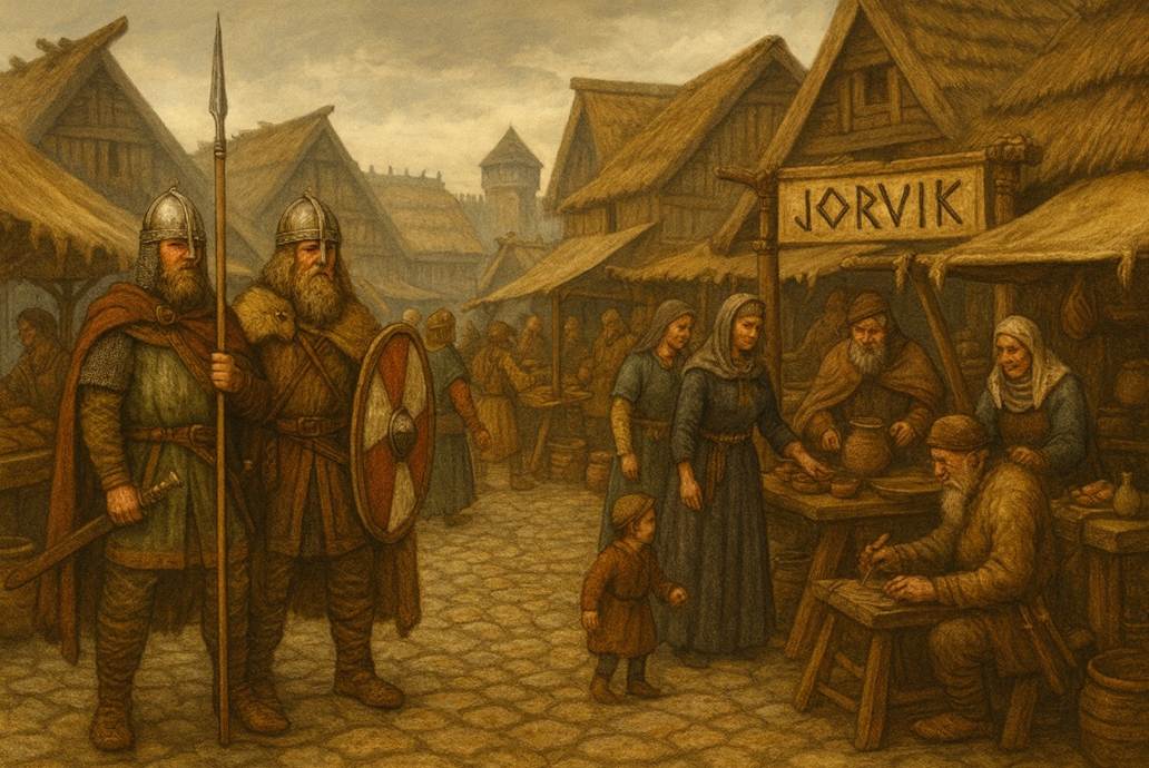 A painting of a person holding a spear and a person standing in front of a market
AI-generated content may be incorrect.